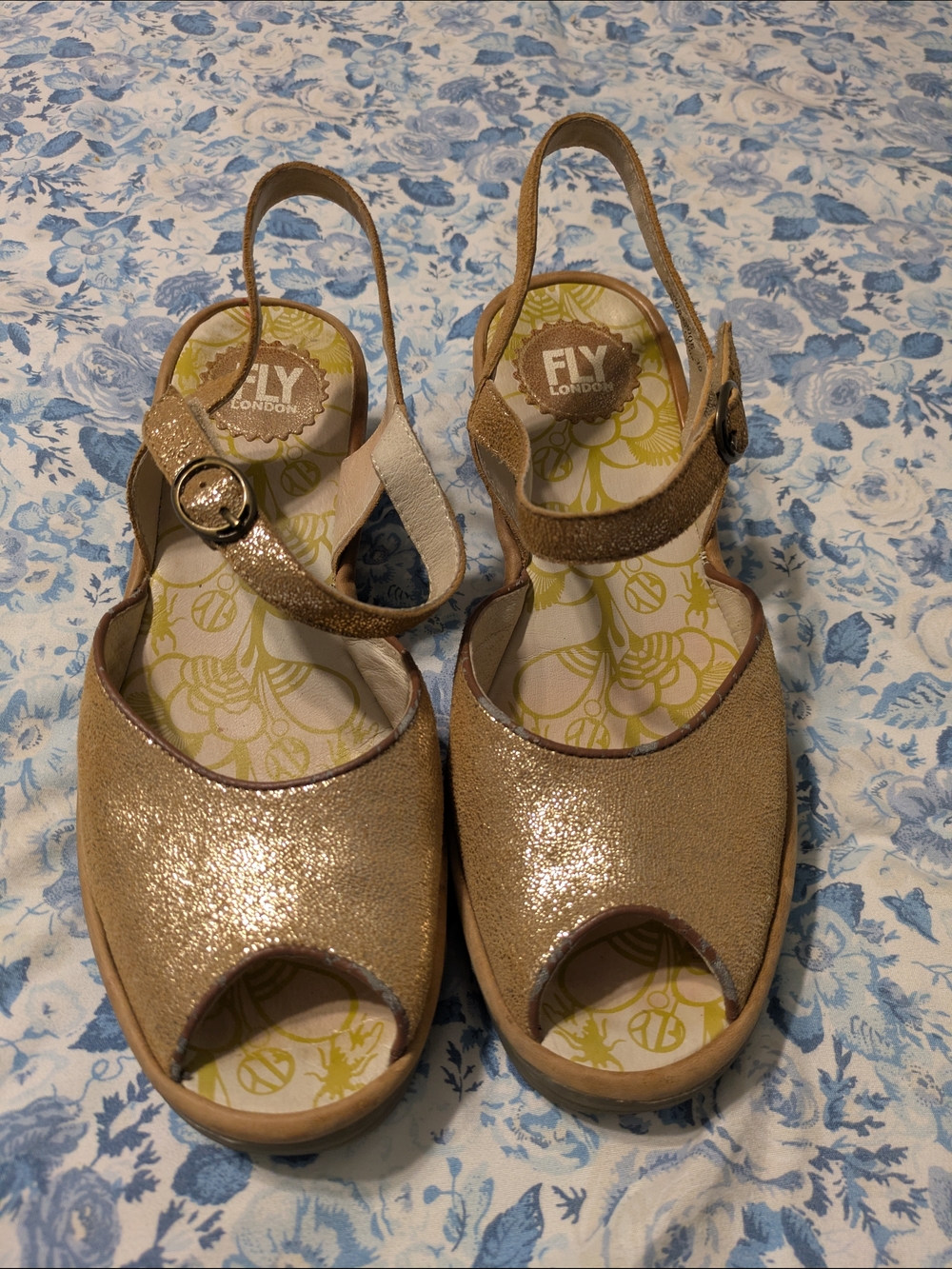 FLY London Gold Glitter Slingback Peep-Toe Wedges